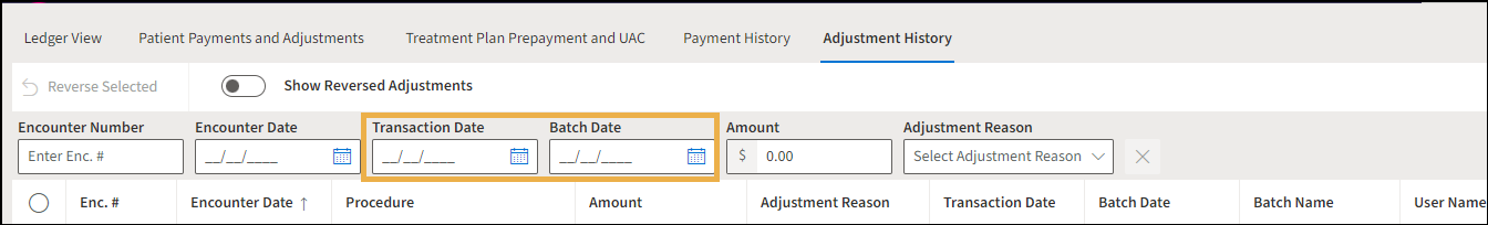 Adjustment History with a yellow highlight box around the Transaction Date and Batch Date fields.